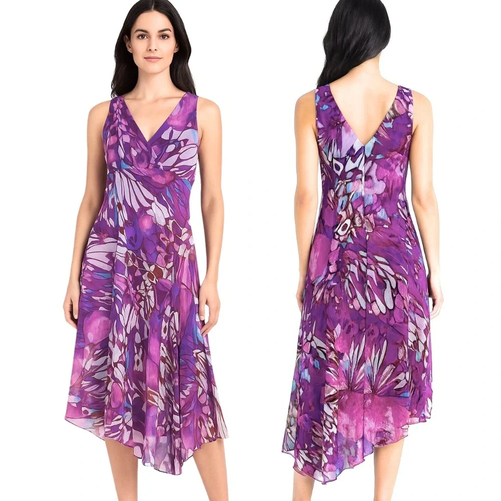 Rabbit Rabbit Rabbit Purple Floral Spring Dress V-Neck Fit Flare Sz 12 - Picture 1 of 14